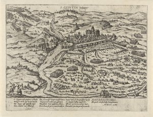 Belejring af Saint-Quentin, 1557 S. Quintin belägert (titel på objekt) Serie 2: Begivenheder i Holland, 1555-1558 (serietitel) af Frans Hogenberg