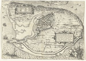 Kort van het eiland Voorne en plattegrond van Brielle, 1572 Brillium, Holland op. på grund af den indbyrdes hollandske krig, som i året for Frelsens sejr 72 e.Kr. i aprilvarmen begyndte han her, berømt (titel på objektet) af Frans Hogenberg