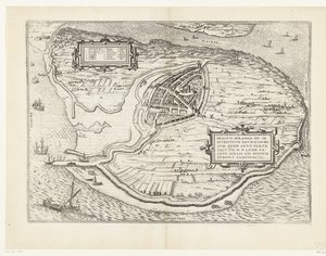 Kort van het eiland Voorne en plattegrond van Brielle, 1572 Brillium, Holland op. på grund af den indbyrdes hollandske krig, som i året for Frelsens sejr 72 e.Kr. i aprilvarmen begyndte han her, berømt (titel på objektet) af Frans Hogenberg