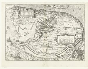 Kort van het eiland Voorne en plattegrond van Brielle, 1572 Brillium, Holland op. på grund af den indbyrdes hollandske krig, som i året for Frelsens sejr 72 e.Kr. i aprilvarmen begyndte han her, berømt (titel på objektet)