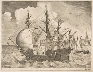 Bevæbnet fire-skibsfører ud på havet fra sejlskibene, ca. 1555-56. af Frans Huys