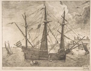 Bevæbnet tre-mester forankret nær en by fra sejlfartøjerne, ca. 1555-56. af Frans Huys