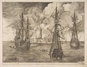 Firemester til venstre og to tremester forankret nær en befæstet ø med et lys..., 1561-65. af Frans Huys
