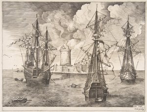 Fire-mester og to tre-master forankret nær en befæstet ø fra The Sailing Ves..., 1561-65. af Frans Huys