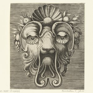 Maske med skalformede øjne og en skal mellem frugtklaser på panden Pourtraicture ingenieuse de plusieurs facons de masques... (serietitel) af Frans Huys