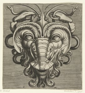 Maske med to hummerkløer, der holder slanger Pourtraicture ingenieuse de plusieurs facons de masques... (serietitel)