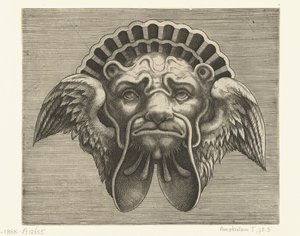 Maske med vinger i stedet for ører og en hovedbeklædning i form af en skal Pourtraicture ingenieuse de plusieurs facons de masques... (serietitel) af Frans Huys