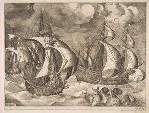 Tre karaveller i en stigende byge med Arion på en delfin fra The Sailing Vessels, 1561-65. af Frans Huys