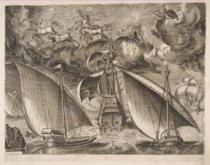 To Galejer, der sejler bag en bevæbnet tremester med Phaeton og Jupiter i himlen, f..., 1561-65. af Frans Huys
