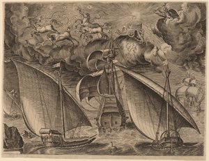 To galejer bag en bevæbnet tremester med Phaethon og Jupiter i himlen