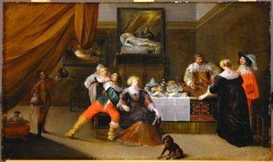 Samfundsscene, et billede af Danae på bagvæggen (maleri på egetræ) af Frans III Francken