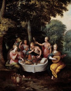 De fem sanser unge kvinder i et landskab med banket (smag), musik (hør), spejl (udsigt), buket blomster (lugt) og kærtegn (berøring). Detalje. Maleri af Franz (Frans) Francken II le Jeune (1581-1642)
