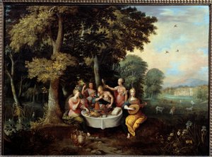 De fem sanser unge kvinder i et landskab med banket (smag), musik (hør), spejl (udsigt), buket blomster (lugt) og kærtegn (berøring). Maleri af Franz (Frans) Francken II le Jeune (1581-1642) (ec.flam.) 1600-tallet søn. 0,65x0,9 m Toulouse, museum