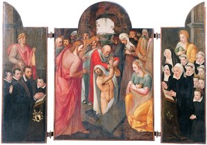 Triptykon: Rejsningen af Lazarus i det centrale rum med en knælende mandlig donor, præsenteret af St. Jacob og hans sønner på venstre fløj, hans kone knælende, præsenteret af St. Catharine og hendes døtre på højre fløj