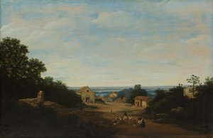 Brasiliansk landskab med landsbyen Igaraçú. Til venstre kirken Sts Cosmas og Damian af Frans Post
