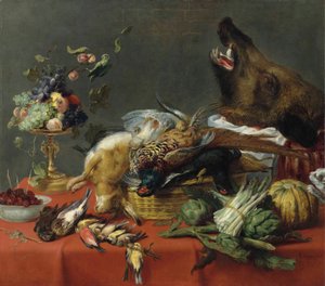 Dækket bord med vildt, frugt, grøntsager og et vildsvinehoved af Frans Snyders