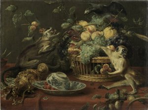 Aber og papegøje i nærheden af en frugtkurv af Frans Snyders