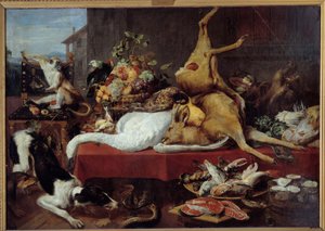 Stilleben med hjorte Vildt (fasan, gås, hjorte), skive fisk, krabber, bælgfrugter. maleri af Frans Snyders (1579-1657)