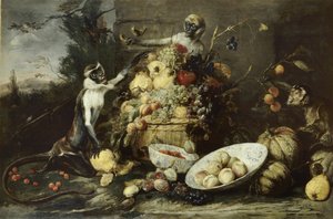 Tre aber, der stjæler frugt, med udsigt til et landskab af Frans Snyders