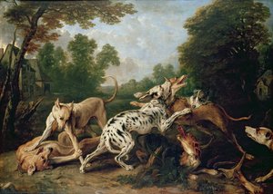 Hunde, der kæmper i en skovklædt lysning af Frans Snyders or Snijders