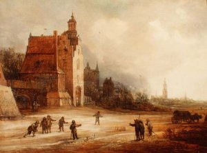 Soldater spiller kegler på en vej, Breda hinsides af Frans de Momper