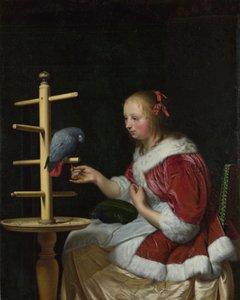 En kvinde i en rød jakke fodrer en papegøje, ca 1663