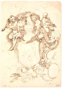 Heraldisk komposition: våbenskjold med tre opvendte violiner, hundekronet hjelm, omgivet af to figurer og to violinspillende putti, det hele hvilende på liggende mandsfigur (Neptun?)