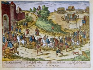 Hertug Ferdinand Alvare af Toledo eller Fernando Alvarez de Toledo y Pimentel (1508-1582), 3. hertug af Alba de Tormes, ankommer til Bruxelles den 8. august 1567 med den spanske hær. 1653 Tryk af Franz Hogenberg (1535-1590) Cabinet of Prints, B.N., Paris.
