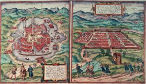 Planer af Mexico City, Mexico og Cusco City, Peru, fra Carl Nebels "Voyage Pittoresque" (farvet indgravering) (se 141102)