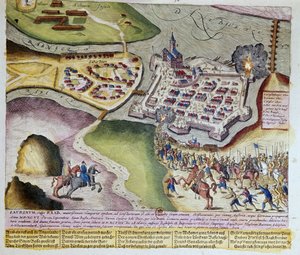 Adolf Schwarzenbergs erobring af Raab den 28.3.1598. 1653 Tryk af Franz Hogenberg (1535-1590) Cabinet des Estampes, B.N, Paris.