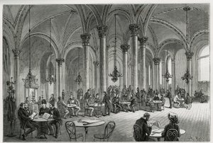 Den centrale cafe i Wien (Østrig). Indgravering af Kollarz, for at illustrere historien om Wien og dens forstæder, af M. Newlinski, i 1881, udgivet i Tour du monde, under ledelse af Edouard Charton (1807-1890) af Franz (after) Kollarz