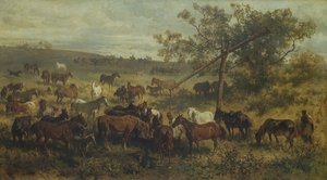 Heste ved et trug, 1800-tallet af Franz Adam