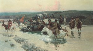 Cherkess Convoy Crossing a River (olie på lærred) af Franz Alekseevich Roubaud