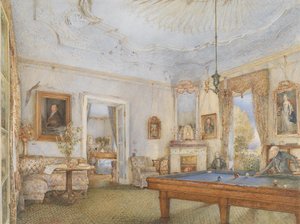 Biedermeier interiør med en herre, der spiller billard