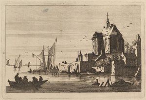 Kirke i en fjord med robåd i forgrunden af Franz Edmund Weirotter