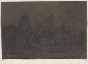 Måneskinsscene med figurer foran en hytte XII Vues de la Normandie (serietitel)