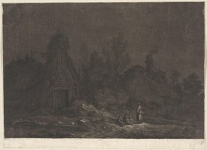 Måneskinsscene med figurer foran en hytte XII Vues de la Normandie (serietitel)