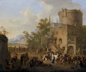 En italiensk byudsigt med figurer, der danser Saltarello