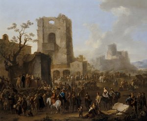 En italiensk byudsigt med figurer, der danser Saltarello