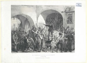 Barrikaden ved K.K. Universitetet den 26. Maj 1848 (litografi) af Franz Gerasch