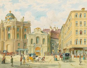 Det gamle Burgtheater i Wien - Franz Gerasch (1826-1906). Akvarel på papir, begyndelsen af 1900-tallet. Mål: 23x29 cm. Privat samling