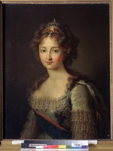 Portræt af kejserinde Elisabeth Alexeievna, prinsesse Louise Augusta af Baden (1779-1826). Hun bærer et perlediadem. (Portræt af kejserinde Elizabeth Alexeievna, prinsesse Louise af Baden). Hustru til zar Alexander I Pavlovich (1777-1825). Maling