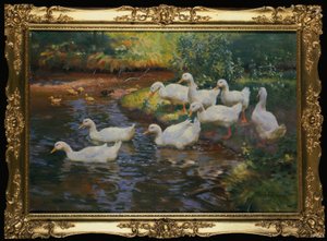 Andefamilie (ænder med unger på åbredden) af Franz Grassel