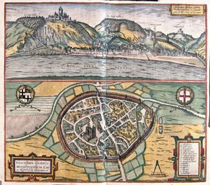 Nøjagtig illustration af byen Munstermaifeld i Maifeld, Tyskland af Franz Hogenberg