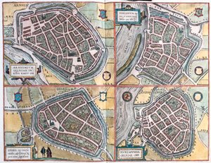 Arnhem og Venlo, Holland - Geldern, Tyskland og Ruermonde, Holland (gravering af Franz Hogenberg