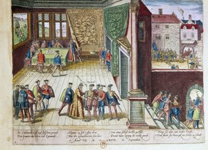 Arrestation af Lamoral, greve af Egmont (1522-1568) og Philippe de Montmorency (1524-1568), greve af Hornes (Hoorn) for deres standpunkt mod kong Filip II af Spanien (1527-1598). De vil blive udført i 1568 (øverst til højre) 1653 Trykt af F af Franz Hogenberg