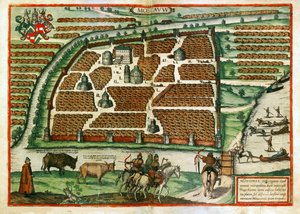 Kort over Moskva (Rusland) - Værk af Frans Hogenberg (1535-1590), gravering og akvarel udtrukket fra Civitates orbis terrarium af Franz Hogenberg