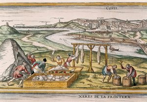 Conil de la Frontera, fiskerne tørrer fisken, skærer den, sælger den og pakker den i tønder til salg, fra "Civitatis Orbis Terrarum" af Franz Hogenberg