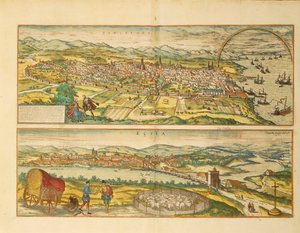 Kort over Barcelona og Ecija fra World Cities af Georg Braun af Franz Hogenberg