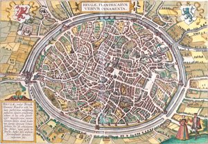Kort over Brugge (Brugae), Belgien (radering af Franz Hogenberg